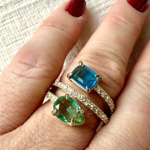 Heidi Daus Gold Bypass Ring with Blue & Green Gems & Swarovski crystals. Size 8